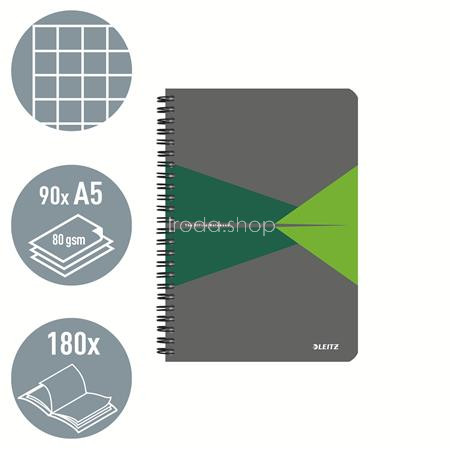 Spirálfüzet, A5, kockás, 90 lap, PP borító, LEITZ "Office", szürke-zöld