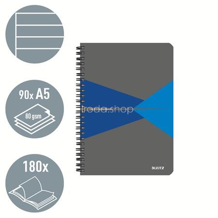 Spirálfüzet, A5, vonalas, 90 lap, PP borító, LEITZ "Office", szürke-kék