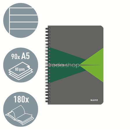 Spirálfüzet, A5, vonalas, 90 lap, PP borító, LEITZ "Office", szürke-zöld