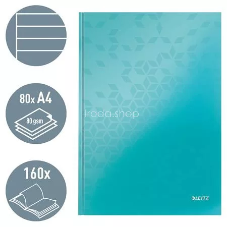 Beíró, A4, vonalas, 80 lap, keményfedeles, LEITZ "Wow", jégkék