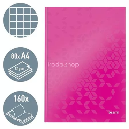 Beíró, A4, kockás, 80 lap, keményfedeles, LEITZ "Wow", rózsaszín