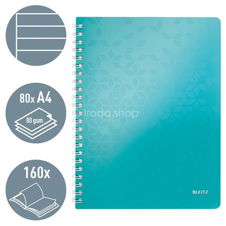 Spirálfüzet, A4, vonalas, 80 lap, LEITZ "Wow", jégkék