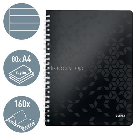 Spirálfüzet, A4, vonalas, 80 lap, LEITZ "Wow", fekete