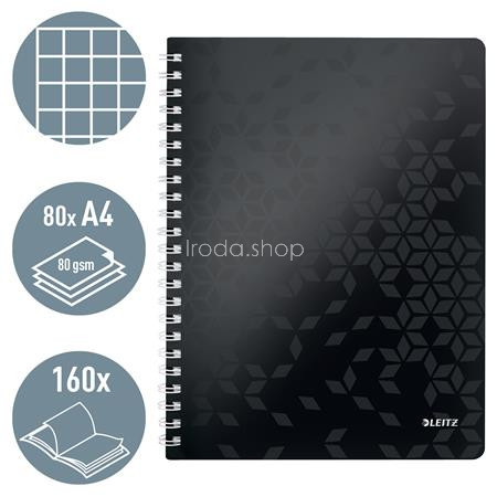 Spirálfüzet, A4, kockás, 80 lap, LEITZ "Wow", fekete