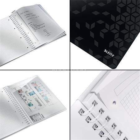 Spirálfüzet, A4, kockás, 80 lap, LEITZ "Wow", fekete