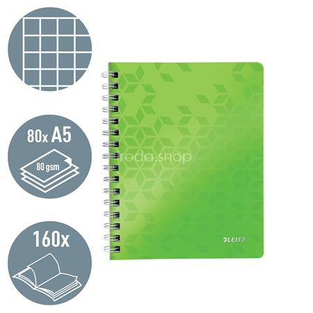 Spirálfüzet, A5, kockás, 80 lap, LEITZ "Wow", zöld