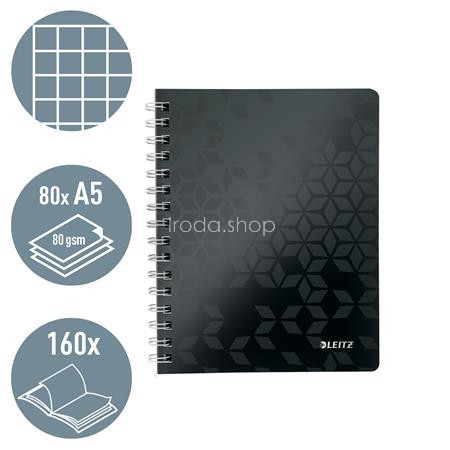 Spirálfüzet, A5, kockás, 80 lap, LEITZ "Wow", fekete