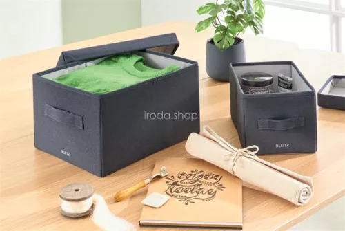 Doboz, szövet borítású, M méret, LEITZ "Fabric", sötétszürke