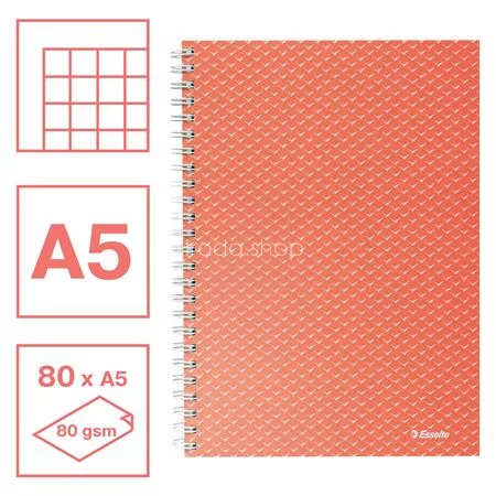 Spirálfüzet, A5, kockás, 80 lap, ESSELTE "Colour'Breeze", korall