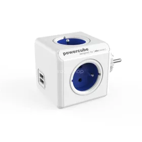   Elosztó, 4 aljzat, 2 USB csatlakozó, ALLOCACOC "PowerCube Original USB DE", fehér-kék