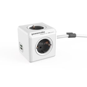   Elosztó, 4 aljzat, 2 USB csatlakozó, 1,5 m kábelhosszúság, ALLOCACOC "PowerCube Extended USB DE", fehér-szürke