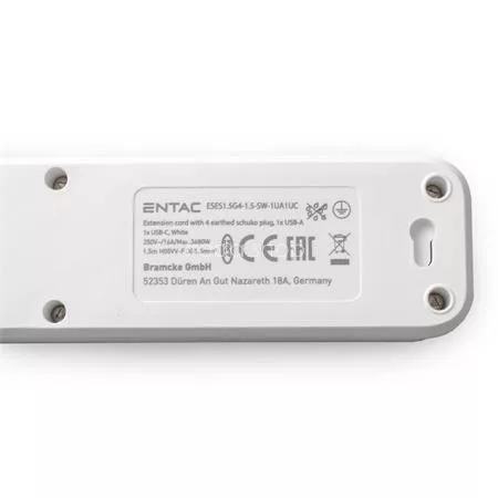 Elosztósor, 4 aljzat, 1,5 m, USB, kapcsolóval, ENTAC, fehér