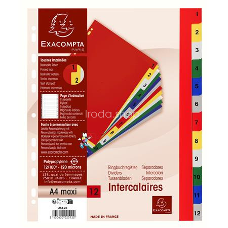 Regiszter, műanyag, A4+, 1-12, EXACOMPTA, színes