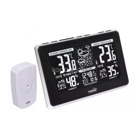  Home HCW 25 időjárás-állomás külső jeladóval, negatív, fehér LCD kijelző, beltéri hőmérséklet és páratartalom, digitális óra, naptár