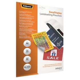   Meleglamináló fólia, 80 mikron, A4, fényes, öntapadó, 25 db, FELLOWES "Admire Easy Display"