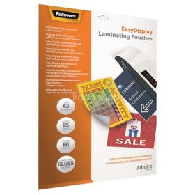   Meleglamináló fólia, 80 mikron, A3, fényes, öntapadó, 25 db, FELLOWES "Admire Easy Display"