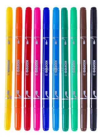 Filctoll készlet, 1-3 mm, kétvégű, kimosható, KORES "Korellos 2in1", 10 különböző szín