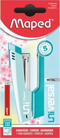 Tűzőgép, 24/6, 26/6, 20 lap, MAPED "Universal Metal Half-Strip Pastel", pasztell türkiz