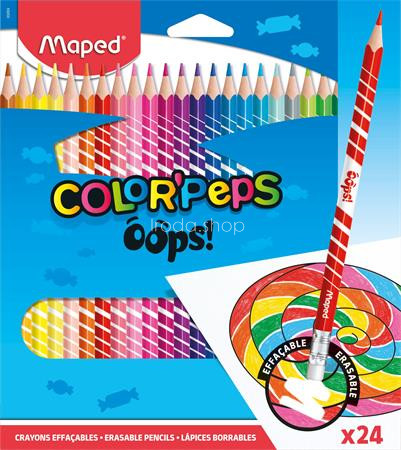 Színes ceruza készlet, háromszögletű, radírozható, MAPED "Color'Peps Oops", 24 különböző szín