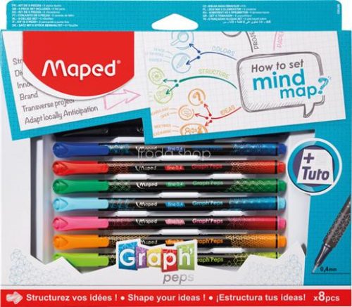 Tűfilc készlet, 0,4 mm, MAPED "Graph'Peps - How to Mind Map Box", 8 különböző szín