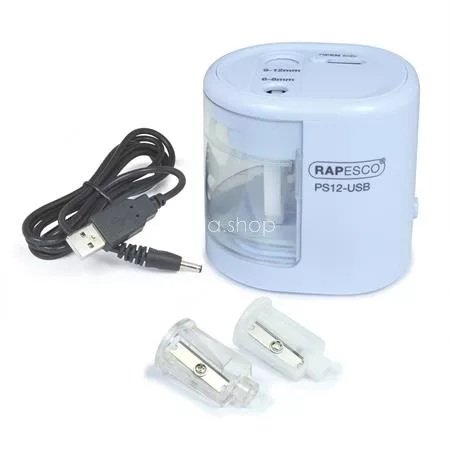 Hegyező, kétlyukú, asztali, elemes, USB töltővel, RAPESCO"PS12-USB", világoskék