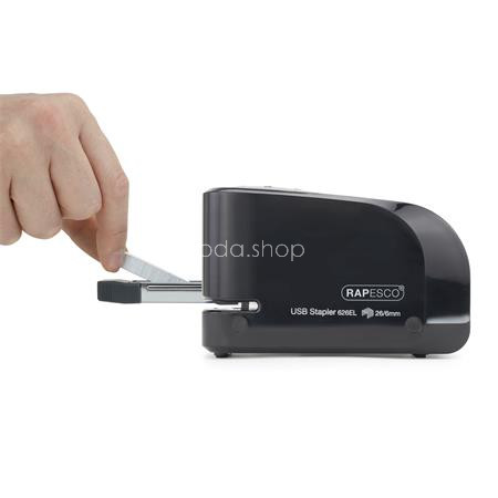 Tűzőgép, 26/6, 15 lap, elemes, USB töltővel, RAPESCO "626EL", fekete