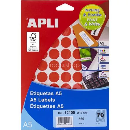 Etikett, 19 mm kör, színes, A5 hordozón, APLI, piros, 560 etikett/csomag