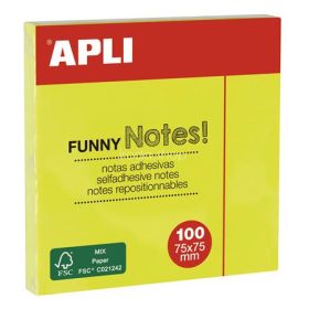   Öntapadó jegyzettömb, 75x75 mm, 100 lap, APLI "Funny", neon sárga