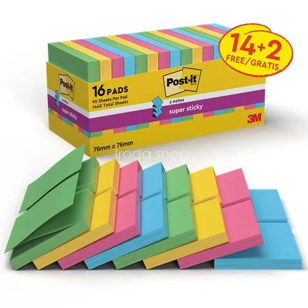 Öntapadó jegyzettömb csomag, "Z", 76x76 mm, 16x90 lap, 3M POSTIT, "Super Sticky", vegyes