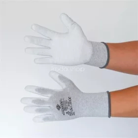   Védőkesztyű, karbonszálas, PU tenyerén mártott, L méret, fehér-szürke