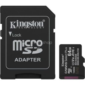  Memóriakártya, microSDXC, 64GB, C10/UHS-I/U1-U3/V10-V30/A1, Gen3, adapter, KINGSTON "Canvas Select Plus"