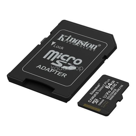 Memóriakártya, microSDXC, 64GB, C10/UHS-I/U1-U3/V10-V30/A1, Gen3, adapter, KINGSTON "Canvas Select Plus"