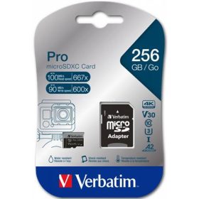   Memóriakártya, microSDXC, 256GB, CL10/U3/A2, 100/90 MB/s, adapter, VERBATIM "PRO"
