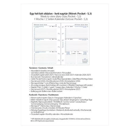 Kalendárium betét, tervező, heti, pocket (S) méret, FILOFAX, 2026