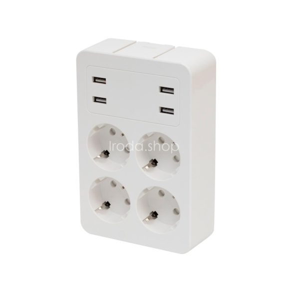 Home NV 4 USB tálcás USB-s elosztó, 4 földelt aljzat, 4 USB aljzat össz 2,4A, elforgatható csatlakozódugó, max.3680W