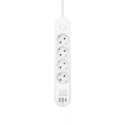 HOME NV4KUSBC hálózati elosztó, 1,5 m, H05VV-F 3G1,5 mm2 kábel, 4 védőérintkezős aljzat, USB töltőaljzat, max. 3680W, kétpólusú kapcsoló, beltéri kivitel
