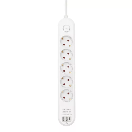 HOME NV5K3USBC hálózati elosztó, 3 m, H05VV-F 3G1,5 mm2 kábel, 5 védőérintkezős aljzat, USB töltőaljzat, max. 3680W, kétpólusú kapcsoló, beltéri kivitel