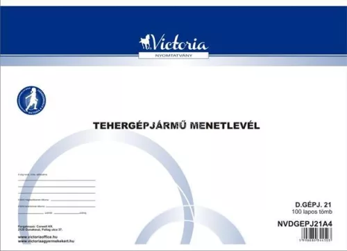 Nyomtatvány, menetlevél, tehergépjármű, 100 lap, A4, fekvő, VICTORIA PAPER, "D.GÉPJ.21.", 10 tömb/csomag