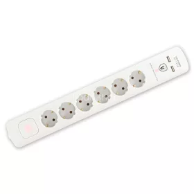   Home NVT 06K USB/WH túlfeszültség védett hálózati elosztó, 1,4 m, kapcsolós, H05VV-F 3G1,5 mm2 kábel, 6 aljzat, max. 3680W, falra akasztható, USB töltőaljzatok