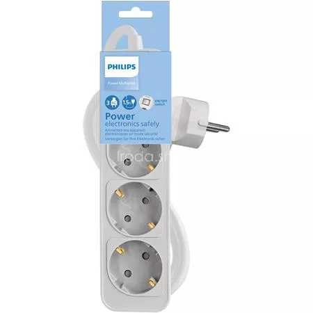 Elosztósor, 3 csatlakozóaljzat, 1,5 m kábel, PHILIPS, fehér