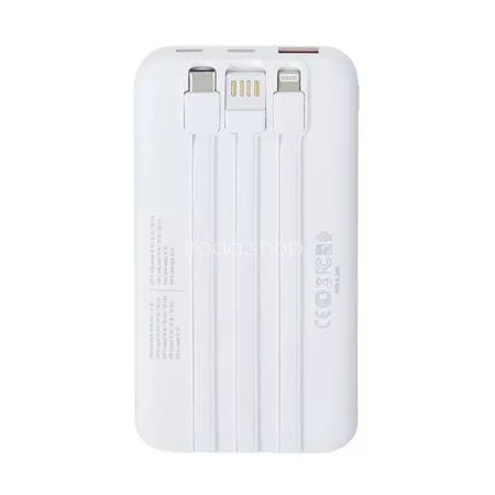 Power bank, beépített kábellel, 10.000mAh, RIVACASE "VA2211", fehér