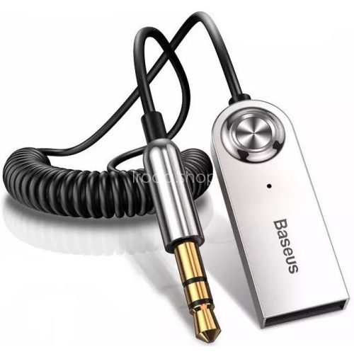 Bluetooth audió adapter kábel, v5.0, 3.5 mm jack csatlakozó, USB csatlakozó, mikrofon, Kihangosított hívás támogatás, spirál kábellel, Baseus BA01, fekete