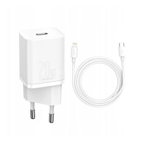 Hálózati töltő adapter, 20W, USB Type-C aljzat, USB Type-C - Lightning kábellel, gyorstöltés, PD, Baseus Si, fehér