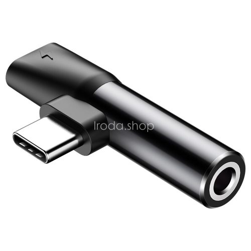 Audió és töltő adapter 2in1, elosztó, USB Type-C - USB Type-C töltő + 3.5 mm jack átalakító, 90 fokos/derékszögű csatlakozó, Baseus L41, fekete