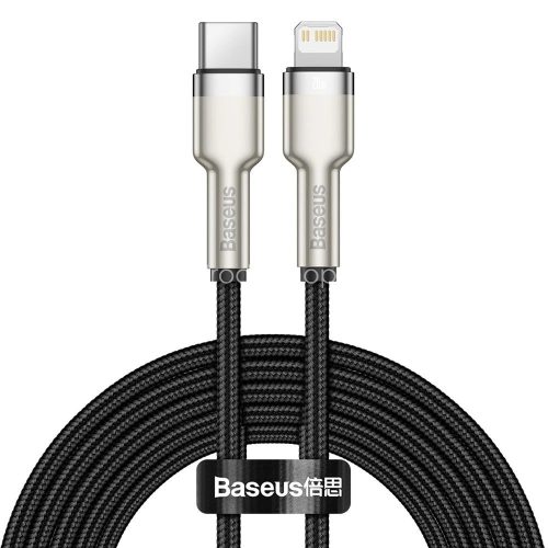 USB Type-C töltő- és adatkábel, Lightning, 200 cm, 20W, törésgátlóval, gyorstöltés, PD, cipőfűző minta, Baseus Cafule Metal, CATLJK-B01, fekete