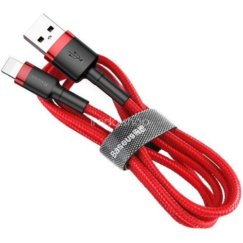 USB töltő- és adatkábel, Lightning, 50 cm, 2400 mA, törésgátlóval, gyorstöltés, cipőfűző minta, Baseus Cafule, CALKLF-A09, piros