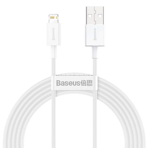 USB töltő- és adatkábel, Lightning, 200 cm, 2400 mA, törésgátlóval, gyorstöltés, PD, Baseus Superior, CALYS-C02, fehér