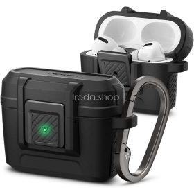   Bluetooth fülhallgató töltőtok tartó, műanyag, vezeték nélküli töltés támogatás, karabiner, Apple AirPods Pro kompatibilis, Spigen Lock Fit, fekete