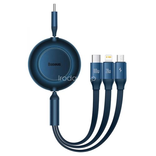 USB Type-C töltő- és adatkábel 3in1, USB Type-C, Lightning, microUSB, 110 cm, 100W, 3500 mA, gyorstöltés, lapos, feltekerhető, Baseus Bright Mirror 2, CAMJ010203, kék