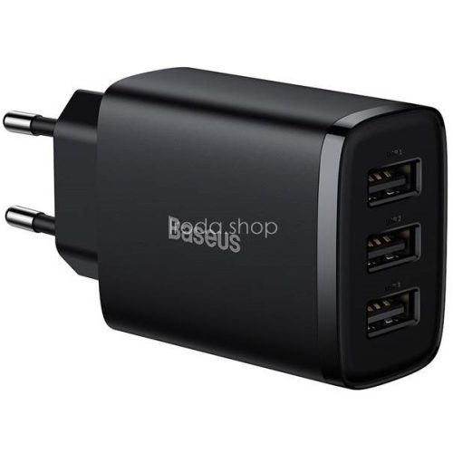 Hálózati töltő adapter, 17W, 3 x USB aljzat, gyorstöltés, Baseus Compact, fekete